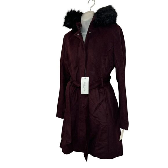 NWT Cole Haan Women's Hooded Coat Slick Wool Detatchable Faux Fur Trim- Women 8 - Picture 7 of 13